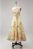 Yellow A-Line One Shoulder Embroidered Floral Midi Dress