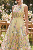 Yellow A-Line One Shoulder Embroidered Floral Midi Dress