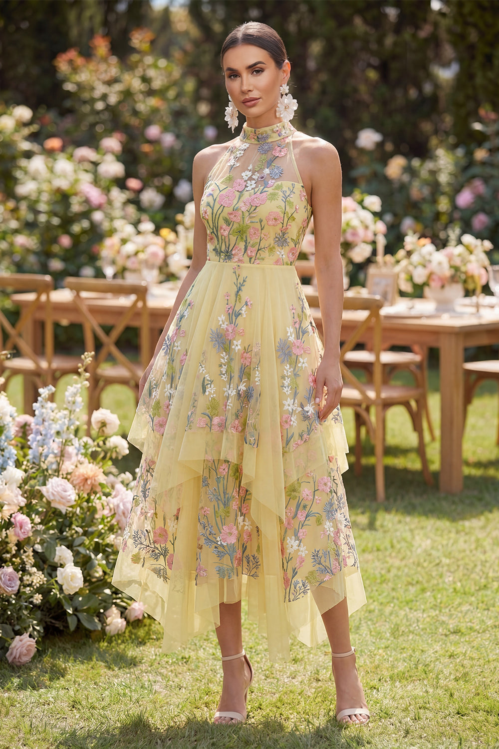 halter neck embroidered dress Pink 3D Floral Embroidered Halter Midi Dress | Womens | XXL (Available in M, XL) | 100% Polyester