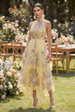 A-Line Yellow Halter Neck Embroidered Floral Midi Dress