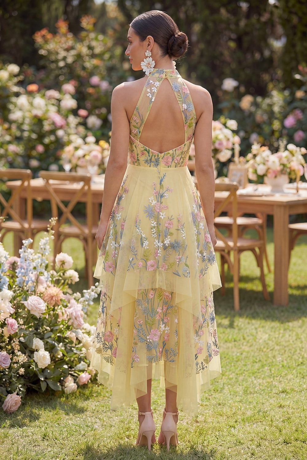 Zapaka Women Yellow Midi Dress A-Line Halter Neck Embroidered Floral Wedding Guest Dress, Yellow / US26W Zapaka Women Yellow Midi Dress A-Line Halter Neck Embroidered Floral Wedding Guest Dress, Yellow / US26W