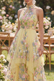A-Line Yellow Halter Neck Embroidered Floral Midi Dress