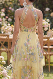 A-Line Yellow Halter Neck Embroidered Floral Midi Dress