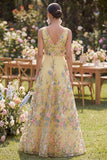 Tulle A-Line Yellow V-Neck Embroidered Long Floral Dress