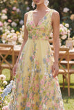Tulle A-Line Yellow V-Neck Embroidered Long Floral Dress