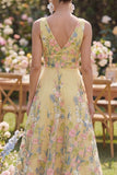 Tulle A-Line Yellow V-Neck Embroidered Long Floral Dress