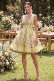 A-Line Yellow Tulle V-Neck Embroidered Mini Floral Dress