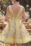 A-Line Yellow Tulle V-Neck Embroidered Mini Floral Dress