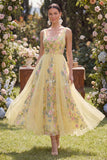 A-Line Yellow Square Neck Tulle Embroidered Midi Floral Dress
