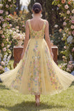 A-Line Yellow Square Neck Tulle Embroidered Midi Floral Dress