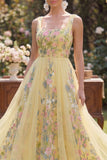 A-Line Yellow Square Neck Tulle Embroidered Midi Floral Dress