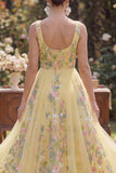 A-Line Yellow Square Neck Tulle Embroidered Midi Floral Dress