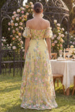 Off the Shoulder A-Line Yellow Tulle Embroidered Floral Dress with Puff Sleeves