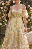 Off the Shoulder A-Line Yellow Tulle Embroidered Floral Dress with Puff Sleeves