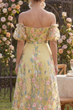 Off the Shoulder A-Line Yellow Tulle Embroidered Floral Dress with Puff Sleeves