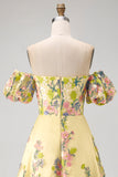 Yellow Off the Shoulder A-Line High Low Floral Embroidery Wedding Guest Dress with Puff Sleeves