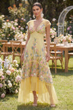 Tulle A-Line Yellow V-Neck Embroidered Floral Dress with Cap Sleeves