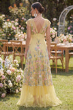 Tulle A-Line Yellow V-Neck Embroidered Floral Dress with Cap Sleeves