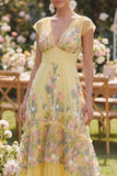 Tulle A-Line Yellow V-Neck Embroidered Floral Dress with Cap Sleeves