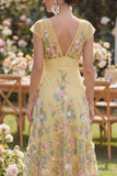 Tulle A-Line Yellow V-Neck Embroidered Floral Dress with Cap Sleeves