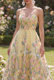 Tulle A-Line Yellow Embroidered Floral Midi Dress