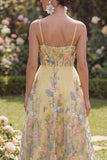 Tulle A-Line Yellow Embroidered Floral Midi Dress