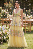 Yellow Tulle A-Line Tiered V-Neck Embroidered Long Floral Dress