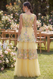 Yellow Tulle A-Line Tiered V-Neck Embroidered Long Floral Dress
