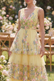 Yellow Tulle A-Line Tiered V-Neck Embroidered Long Floral Dress