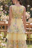 Yellow Tulle A-Line Tiered V-Neck Embroidered Long Floral Dress
