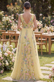Pastel Yellow A Line V-Neckline Floral Embroidered Maxi Dress