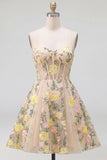 Champagne A Line Tulle Embroidered Corset Mini Floral Dress