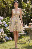 Champagne A Line Tulle Embroidered Corset Mini Floral Dress