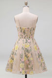 Champagne A Line Tulle Embroidered Corset Mini Floral Dress