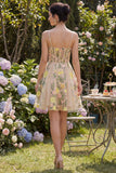 Champagne A Line Tulle Embroidered Corset Mini Floral Dress