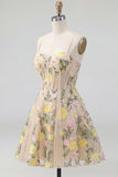 Champagne A Line Tulle Embroidered Corset Mini Floral Dress