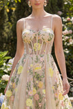 Champagne A Line Tulle Embroidered Corset Mini Floral Dress