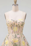 Champagne A Line Tulle Floral Embroidery Corset Short Homecoming Dress