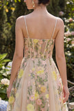 Champagne A Line Tulle Embroidered Corset Mini Floral Dress