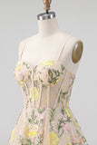 Champagne A Line Tulle Floral Embroidery Corset Short Homecoming Dress