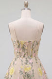 Champagne A Line Tulle Floral Embroidery Corset Short Homecoming Dress