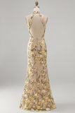 Mermaid Champagne Halter Neck Embroidered Long Floral Dress with Slit