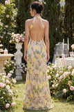 Mermaid Champagne Halter Neck Embroidered Long Floral Dress with Slit