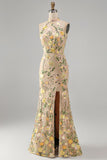 Mermaid Champagne Halter Neck Embroidered Long Floral Dress with Slit
