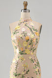 Mermaid Champagne Halter Neck Embroidered Long Floral Dress with Slit