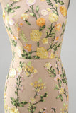 Mermaid Champagne Halter Neck Embroidered Long Floral Dress with Slit