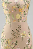 Mermaid Champagne Halter Neck Embroidered Long Floral Dress with Slit