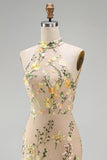Mermaid Champagne Halter Neck Embroidered Long Floral Dress with Slit