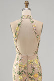 Mermaid Champagne Halter Neck Embroidered Long Floral Dress with Slit