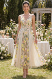 A-Line Tulle Champagne V-Neck Embroidered Floral Midi Dress